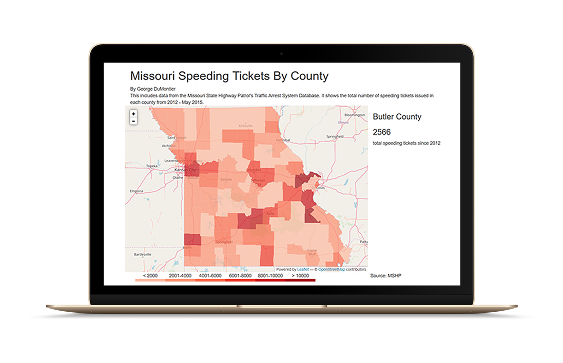 A screengrab of d3 map of speeding tickets in Missouri.